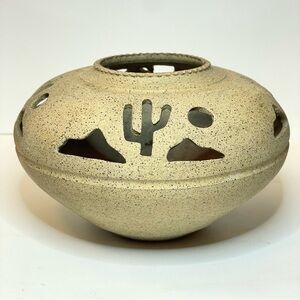 Southwestern Cactus Desert Candle Holder Clay Pottery Signed by Susan Mrosek